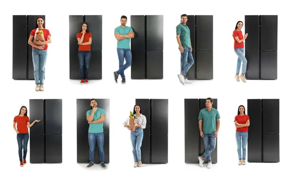 Collage Personas Cerca Refrigeradores Sobre Fondo Blanco —  Fotos de Stock
