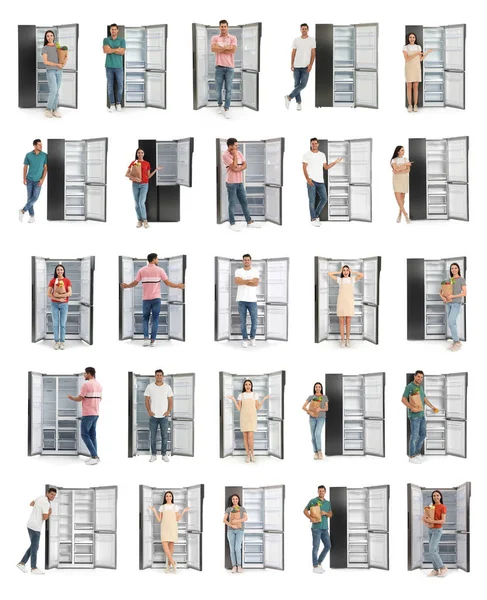 白い背景にオープン冷蔵庫付近の人々のコラージュ — ストック写真