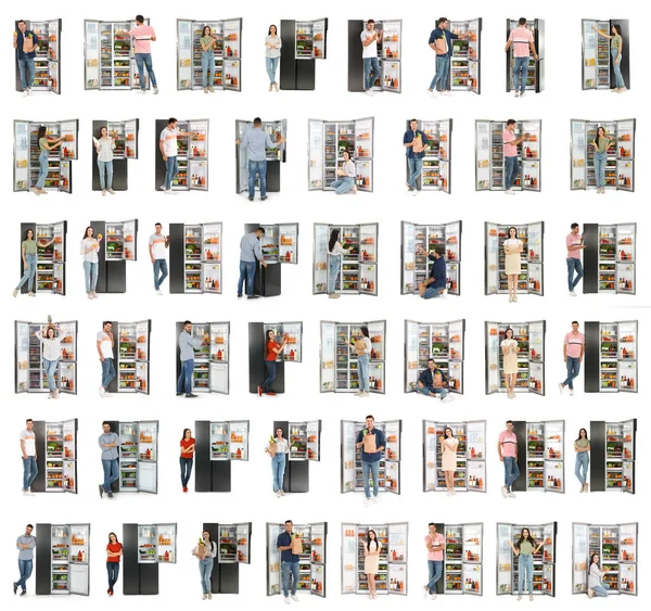 Collage Personnes Près Des Réfrigérateurs Ouverts Sur Fond Blanc — Photo