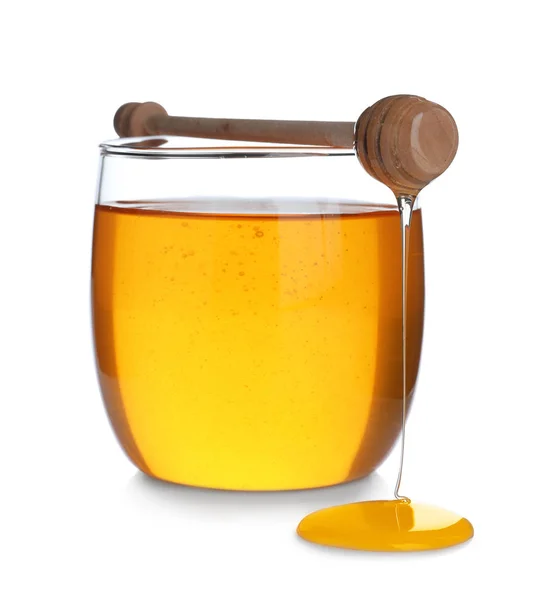 Tarro de miel orgánica y cazo aislado en blanco — Foto de Stock