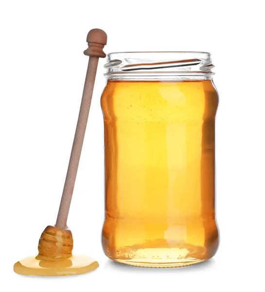 Jar of organic honey and dipper isolated on white — Stock Photo, Image