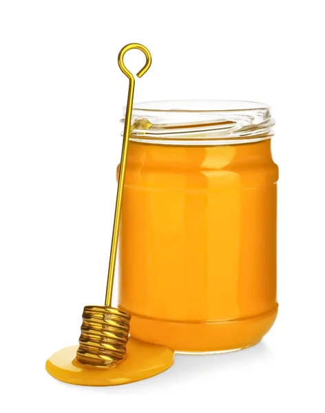 Frasco de mel orgânico e dipper isolado em branco — Fotografia de Stock