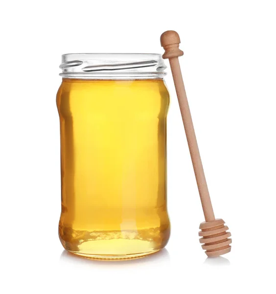 Jar of organic honey and dipper isolated on white — Stock Photo, Image