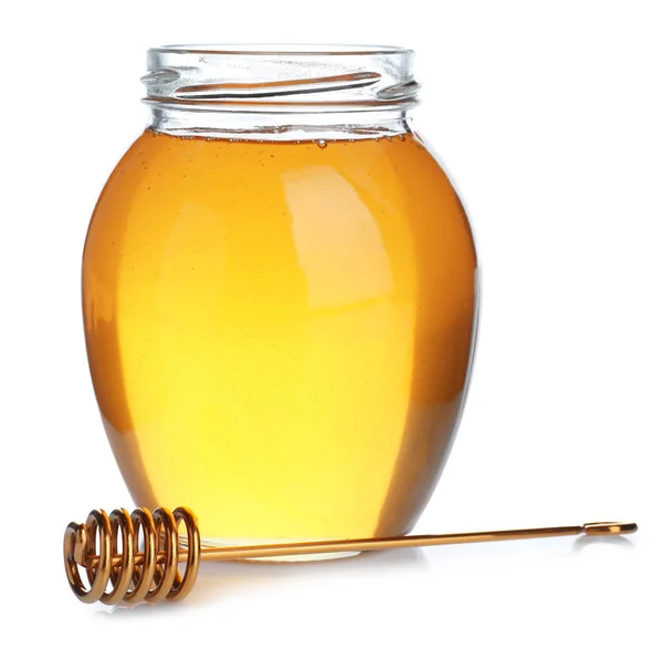 Burk ekologisk honung och dipper isolerad på vit — Stockfoto