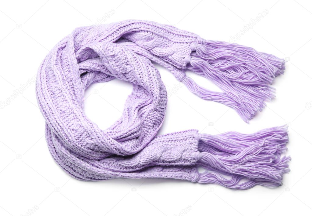 Violet knitted scarf isolated on white, top view