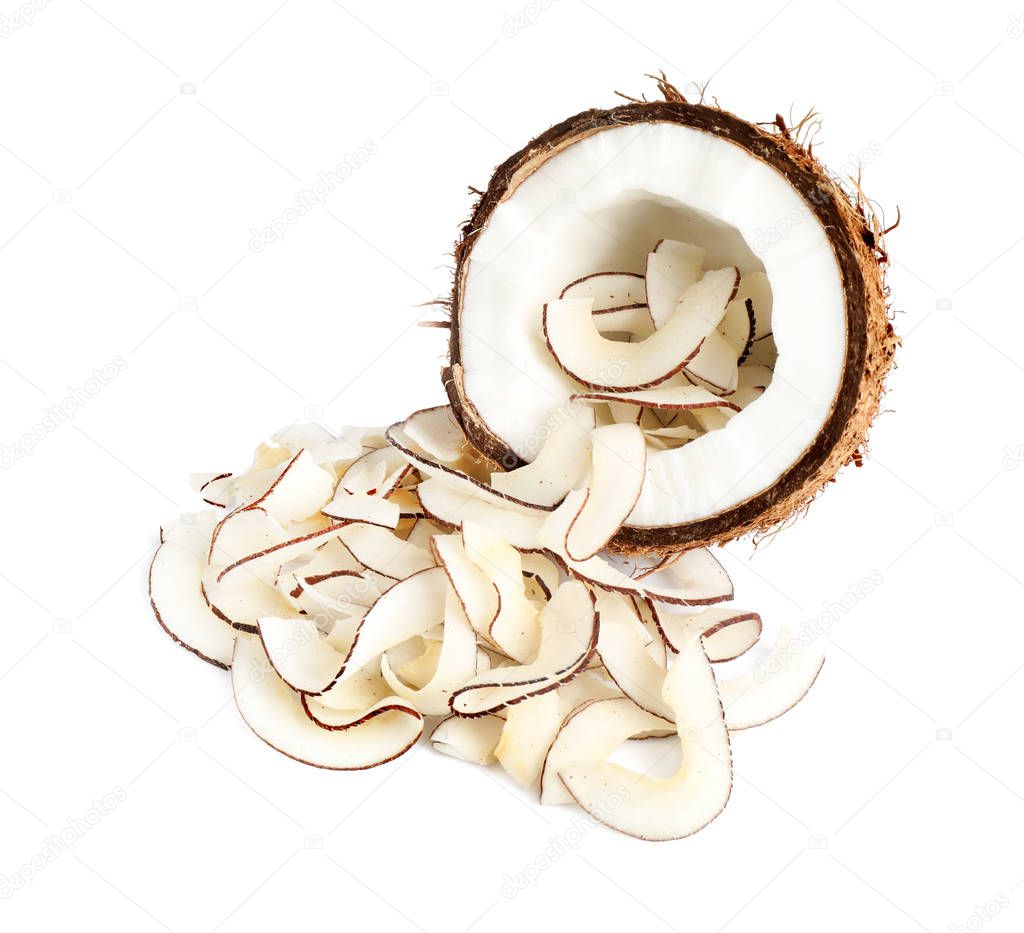 Coconut with tasty chips isolated on white