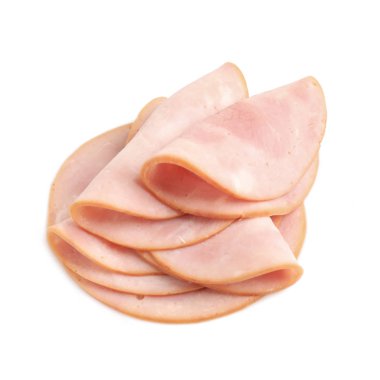 Lezzetli taze jambon dilimleri beyaz üzerine izole edilmiş.
