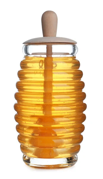 有機蜂蜜の瓶と白に隔離された紙 — ストック写真