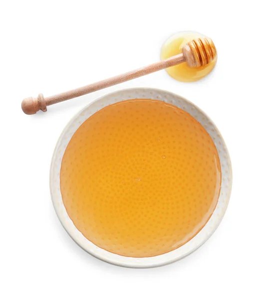 Cuenco de miel orgánica y cazo aislado en blanco, vista superior — Foto de Stock
