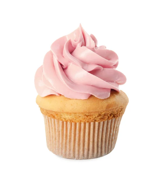 Delicioso cupcake de cumpleaños decorado con crema sobre fondo blanco — Foto de Stock