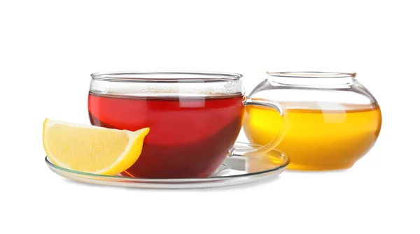 Frischer Tee Mit Honig Und Zitrone Auf Weißem Hintergrund — Stockfoto