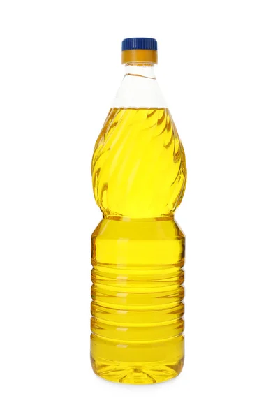 Óleo de cozinha em garrafa de plástico isolado em branco — Fotografia de Stock