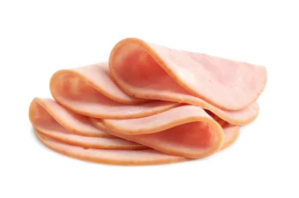 Slices of tasty fresh ham isolated on white — ストック写真