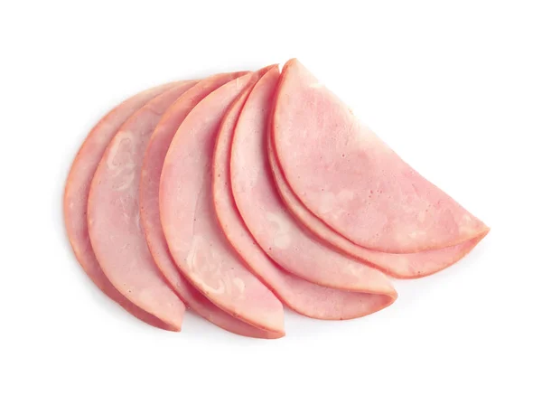 Snijdt Smakelijke Verse Ham Geïsoleerd Wit Boven Het Zicht — Stockfoto