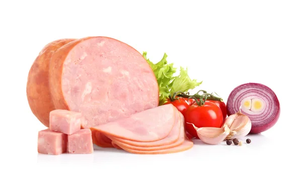 Tasty fresh ham with vegetables and pepper isolated on white — Stock Photo, Image