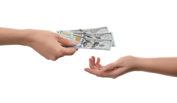 Nő ad pénzt a fehér háttér, közelkép — Stock Fotó