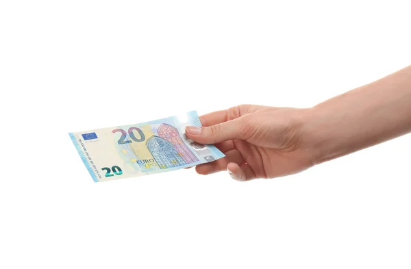 Женщина с банкнотой евро на белом фоне, крупным планом. Деньги и — стоковое фото