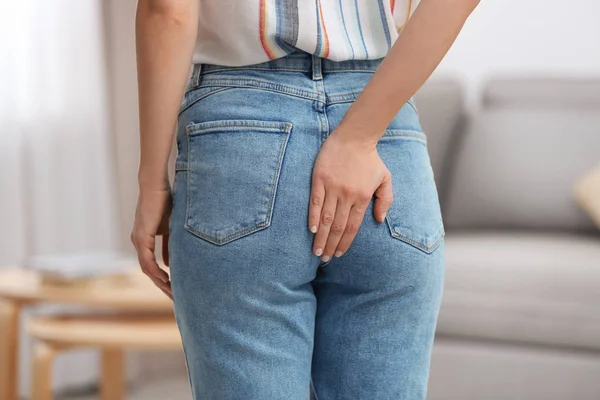 Young Woman Suffering Hemorrhoid Home Closeup — 스톡 사진