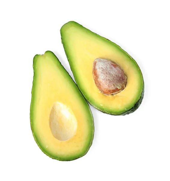 Lekker rauw avocado fruit geïsoleerd op wit, bovenaanzicht — Stockfoto