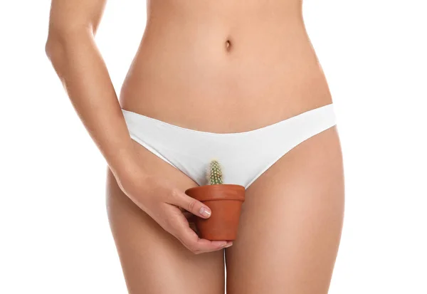Vrouw Met Cactus Met Gladde Huid Witte Achtergrond Close Braziliaanse — Stockfoto