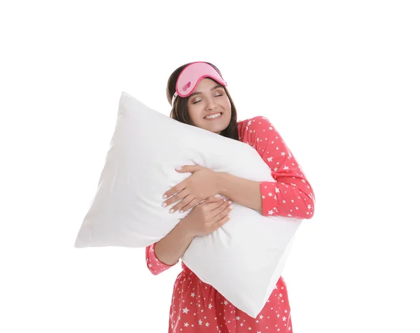 Mulher Bonita Com Travesseiro Fundo Branco Hora Dormir — Fotografia de Stock