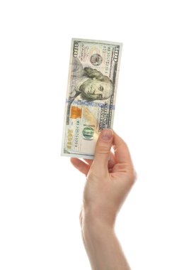 Beyaz arka planda dolar banknotu olan bir kadın, yakın plan. Para...