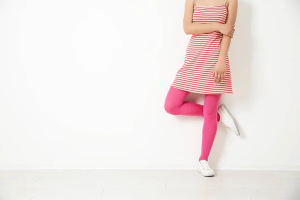 Woman Wearing Pink Tights White Wall Closeup Space Text — 스톡 사진