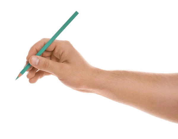 Man holding pencil on white background, closeup of hand — ストック写真