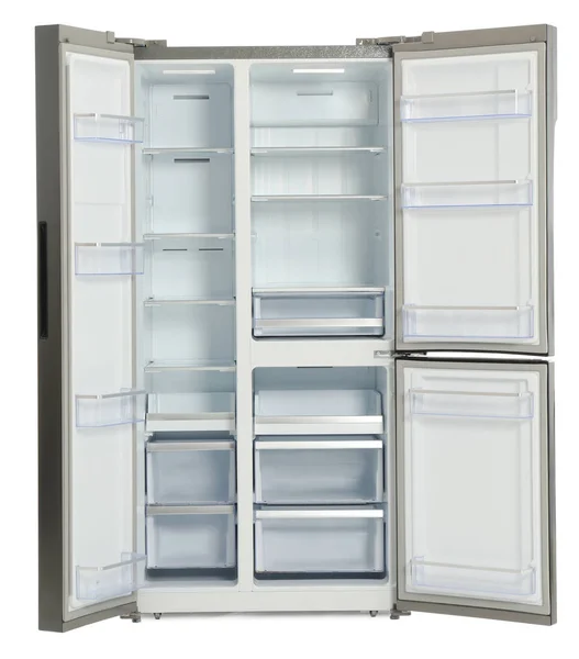 Холодильник из нержавеющей стали, изолированный на белом — стоковое фото