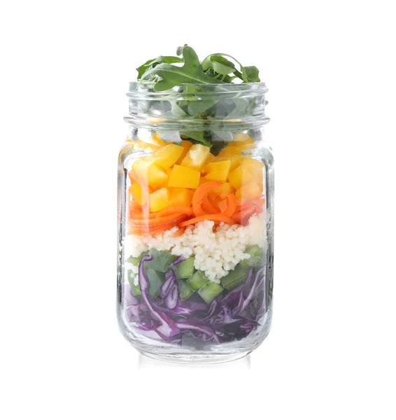 白で隔離されたガラス瓶の中の健康サラダ — ストック写真