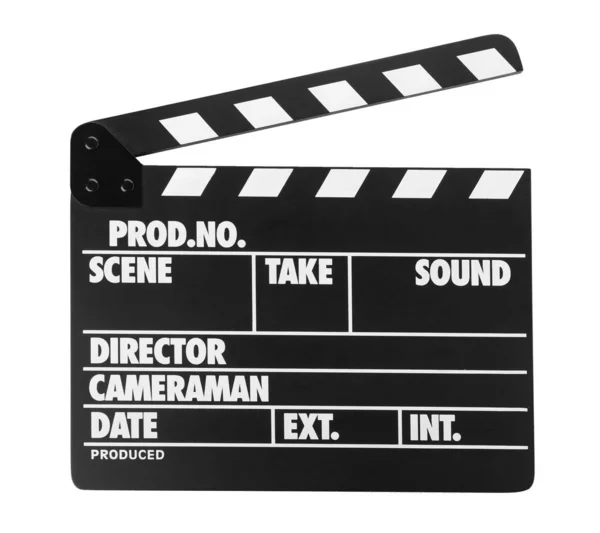 Clapper board isolé sur blanc. Production cinématographique — Photo