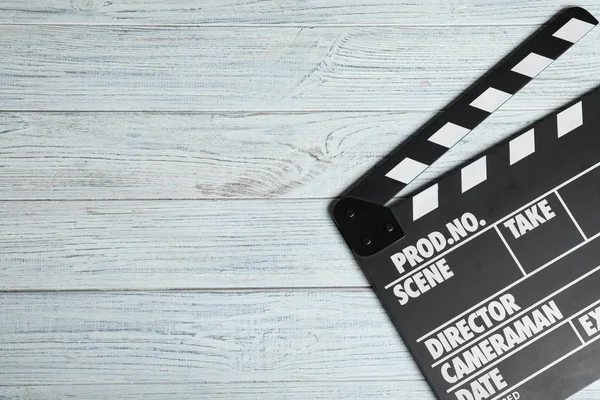 Clapperboard White Wooden Table Top View Space Text Cinema Production — 스톡 사진
