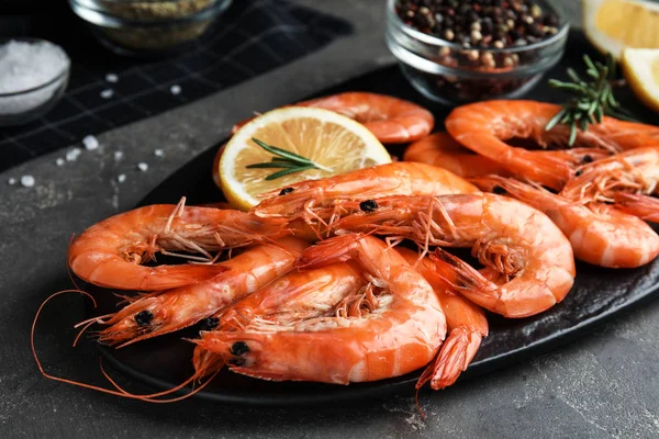 Delicious Cooked Shrimps Rosemary Lemon Dark Grey Table — Stock Photo, Image