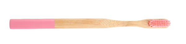 Pembe tüylü bambu diş fırçası beyaza izole edilmiş, üst manzara — Stok fotoğraf
