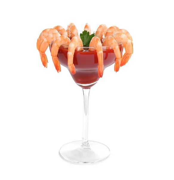 Läckra Räkcocktail Med Tomatsås Isolerad Vitt — Stockfoto