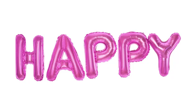 Slovo šťastný z růžové fólie balónky písmena na bílém pozadí — Stock fotografie