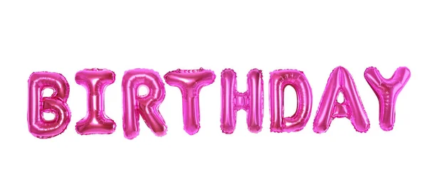 Word Urodziny wykonane z różowej folii balon litery na białym tle — Zdjęcie stockowe