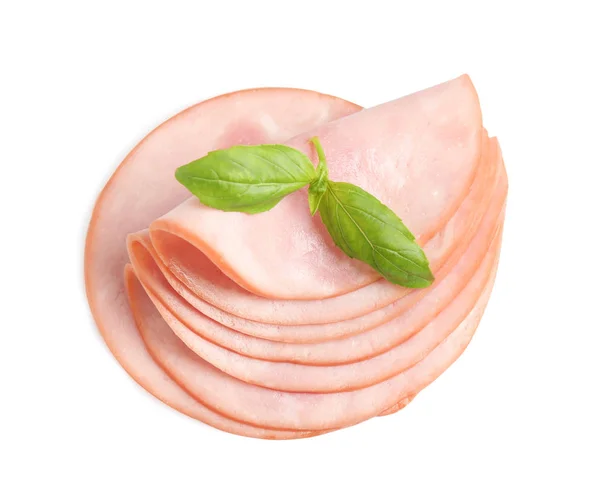 Slices of tasty fresh ham with basil isolated on white, top view — Stock Photo, Image