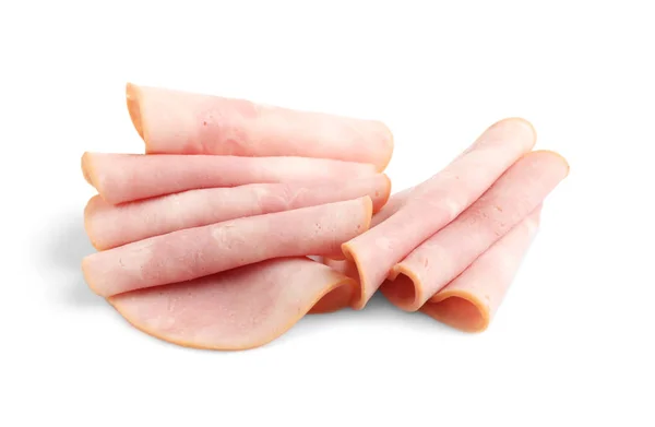 Slices of tasty fresh ham isolated on white — 스톡 사진