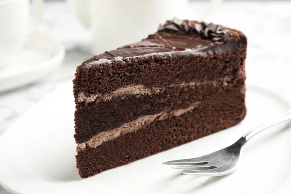 Piece Tasty Chocolate Cake Served Plate — Stock Photo, Image