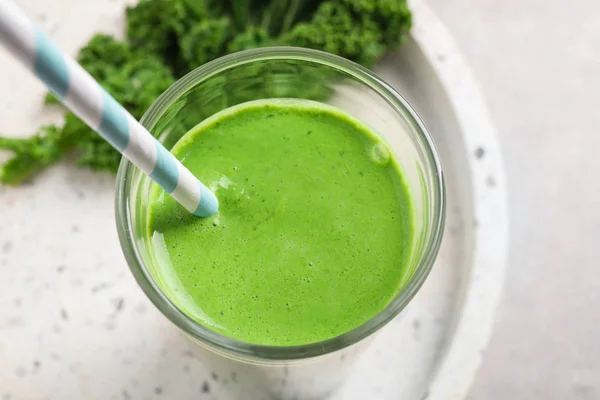 Tasty Kale Smoothie Light Grey Table Closeup — 스톡 사진