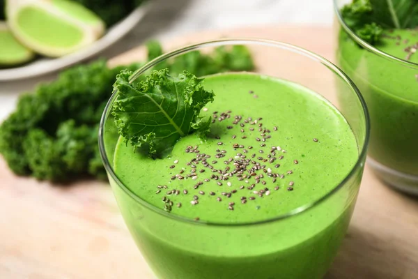 Tasty Kale Smoothie Chia Seeds Wooden Table Closeup — 스톡 사진