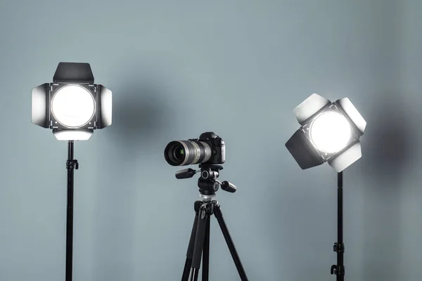 Professional Video Camera Lighting Equipment Grey Background — 스톡 사진