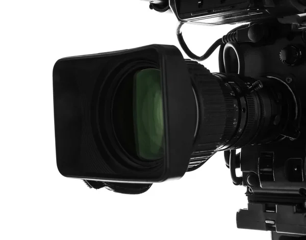 Modern Professional Video Camera Isolated White Closeup — 스톡 사진