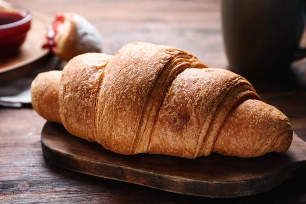 Tasty Fresh Croissant Wooden Table Closeup — 스톡 사진