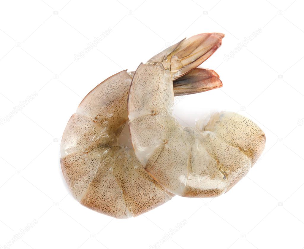 Fresh raw shrimps isolated on white, top view. Healthy seafood