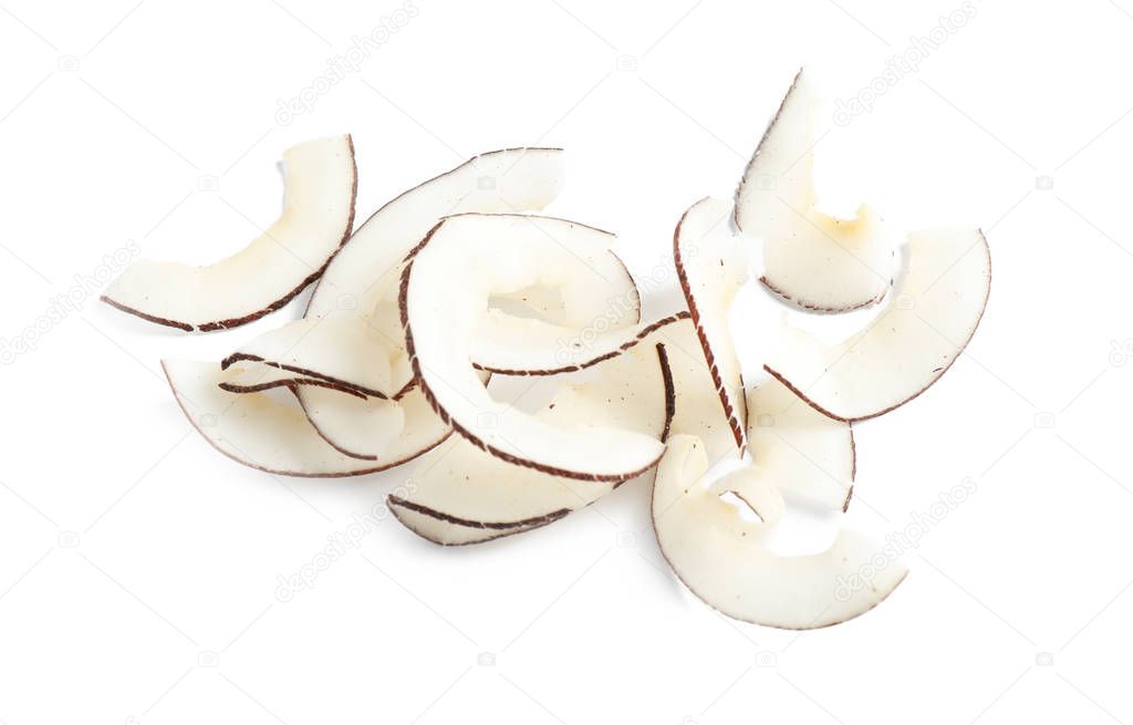 Pile of tasty coconut chips isolated on white