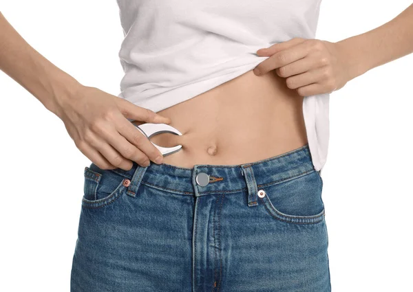 Young Woman Measuring Body Fat Caliper White Background Closeup — 스톡 사진