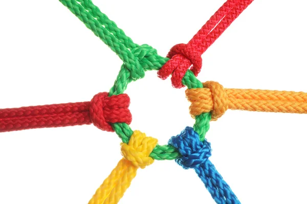 Colorful Ropes Tied Together Isolated White Unity Concept — Stock Photo, Image