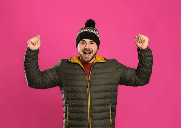 Happy Young Man Warm Clothes Pink Background Winter Vacation — Stock Photo, Image